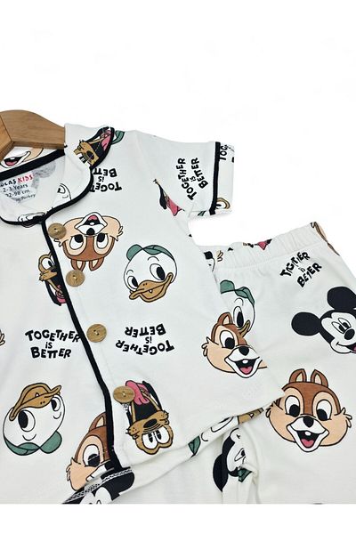 VOY KİDS Boy's Mixed Cartoon Character Printed Double-Breasted Collar Summer Nightgown Pajama Set