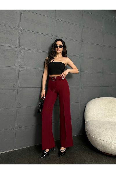 Leo Ferre Burgundy Belted Palazzo Trousers