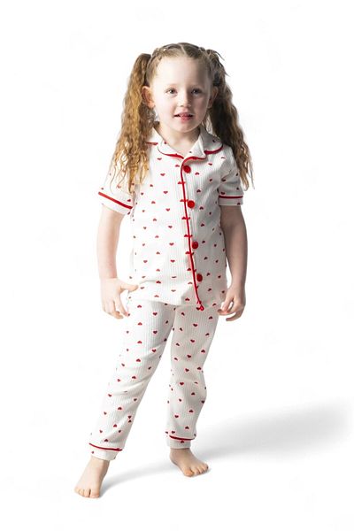 Ege Bebek Girl's Summer Short Sleeve Double Breasted Collar Heart Printed Nightgown Set
