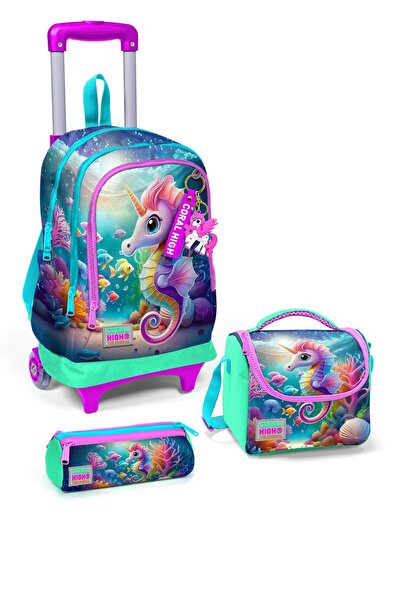 Coral High Kids Mavi Su Yeşili Denizatı Desenli 3 lü Okul Çanta Seti SET0123972