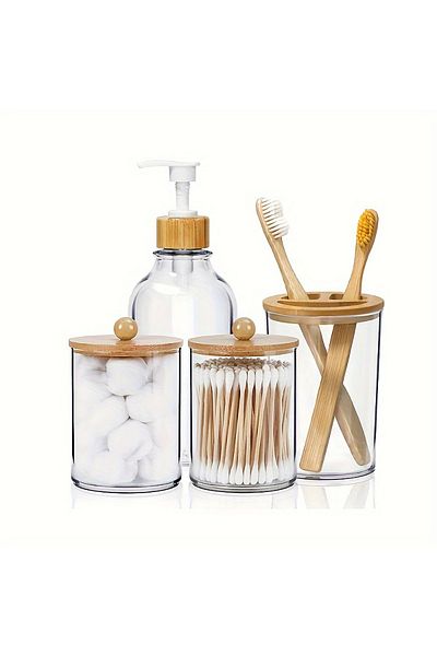 Choice Clear 4pcs Bamboo Bathroom Accessories Set - Rustic Boho Decor, Soap Dispenser, Toothbrush Holder, 2