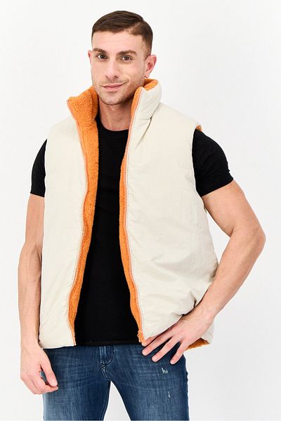 Asos Design Men Solid Reversible Sleeveless Sherpa Jacket, Beige