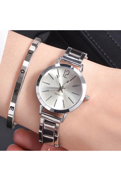 Choice طقم ساعات فضية فاخرة للنساء مكون من قطعتين بمينا بسيط وحزام مجوف وسوار ذهبي وساعة كوارتز أنيقة