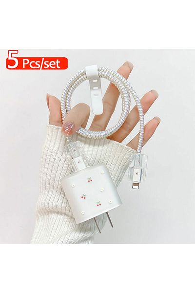 Choice 5Pcs White 5Pcs Charger Cover Data Cable Protective Cover Set Cute Cherry Patten for 18W/20W iPhone