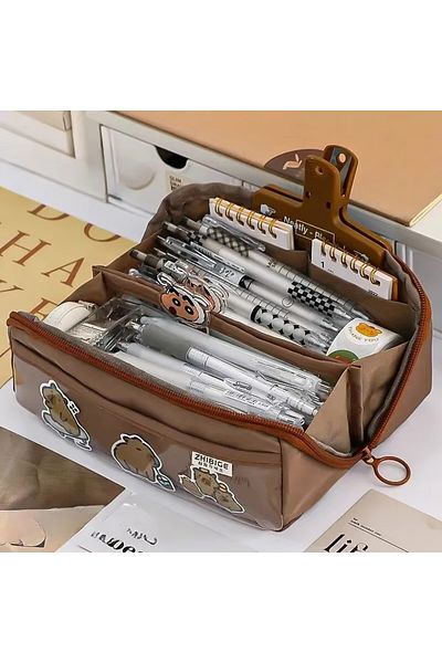 Choice Brown Multi Layer Prisms Large Capacity Transparent Pencil Case Multifunctional Simple and High Appe