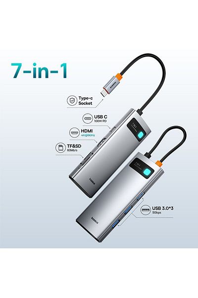 Choice Silver Baseus 7-in-1 Gen 2 USB C HUB 4K@60Hz HDMI 3* USB 3.0 PD 100W Type C Port SD/TF Card Reader f
