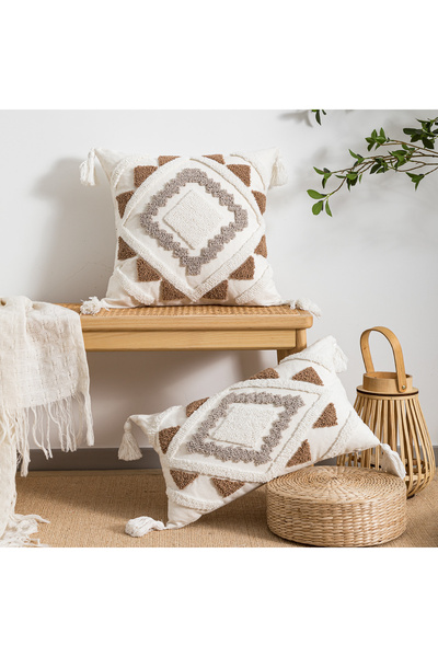 Choice غطاء وسادة متعدد الألوان بتصميم هندسي مع حلقة مخملية على الطراز البوهي...