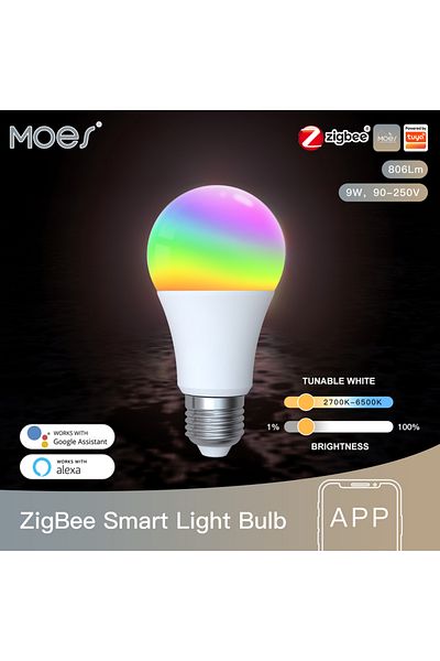 MOES 9w Yes 1 pcs AC90-240V MOES MOSE 1-9PCS 9W AC90-240V Tuya ZigBee Smart LED Light Bulb RGB E27 Dimmab
