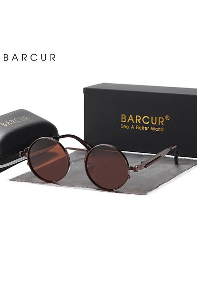 Choice Brown BARCUR Round Sunglasses for Men Polarized Retro Steampunk Sun Glasses For Women Vintage Style