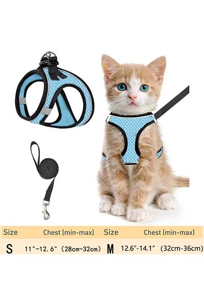 Choice M Blue Cat Harness and Leash for Walking Escape Proof, Adjustable Kitten Vest Harness Reflective Sof