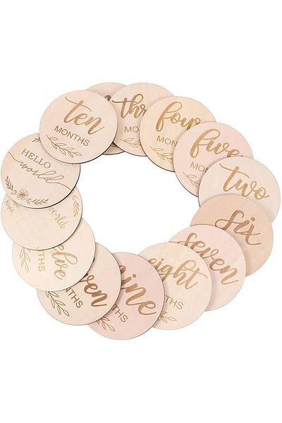 Choice 12pcs Wooden Wood Chip Month Souvenir Card Baby Growth Milestone Double Sided Laser Engraved Wooden