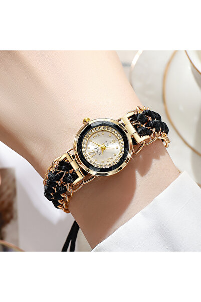 Choice ساعة نسائية سوداء أنيقة بسوار حبل مضفر وساعات كوارتز