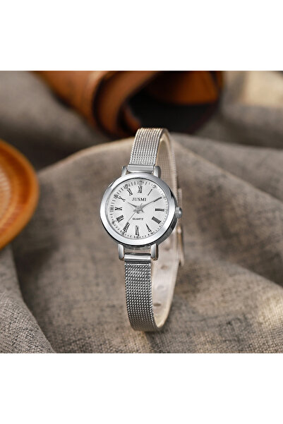 Choice ساعة فضية بسيطة بنقطة ألماس رومانية صغيرة الحجم بسوار شبكي من الكوارتز