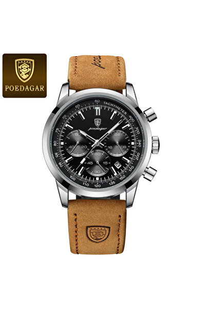 Choice ساعة يد رجالية فاخرة من الجلد باللون الفضي والأسود مقاومة للماء كرونوغ...