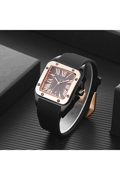 Choice ساعة كوارتز بتقويم روماني مربعة بمقياس شريط سيليكون أسود عتيق