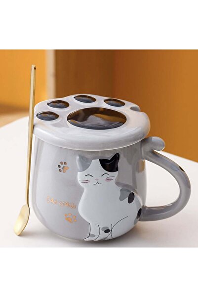 PUFO Sweet Kitty ceramic mug with lid and spoon for coffee or tea, 300 ml, gray
