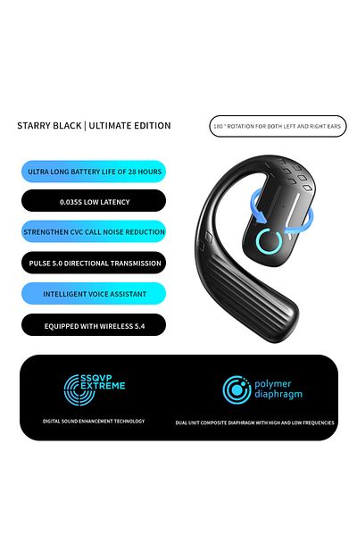 Choice Black 1PCS Bluetooth 5.4 Open Wireless Earphone 180° Rotation Adjustable Left Right Ear Universal He
