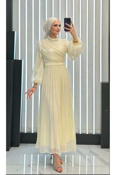 GÜZELLER Jan Jan Fabric Balloon Arm Neckline Stones Wedding Engagement Promise Request Special Day Evening Dress Gown