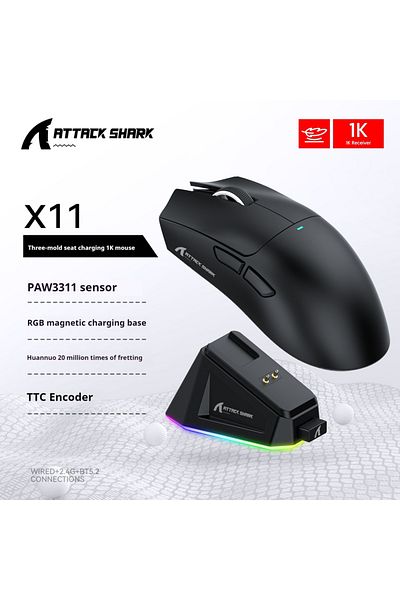 Choice ماوس Black Attack Shark X11 خفيف الوزن PAW3311 لعبة الرياضات الإلكترونية الاختبار التجريبي الثالث اللاسلكي B