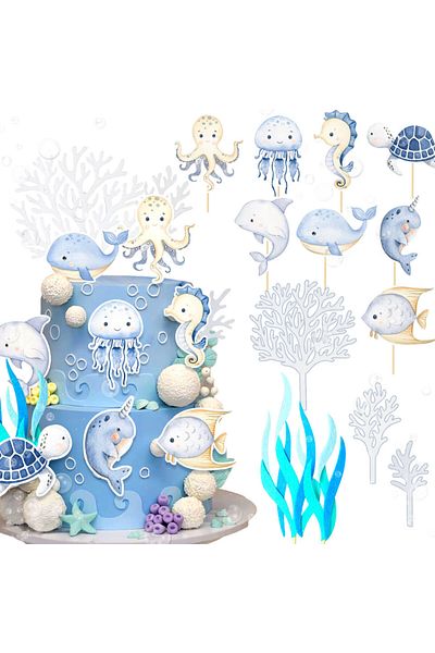 Choice Blue Laventy Under The Sea Cake Decorations Ocean Animal Cupcake Toppers Ocean Theme Gender Reveal B