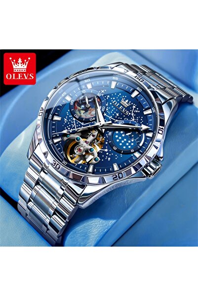 Choice ساعة OLEVS أصلية للرجال باللون الفضي والأزرق، ساعة ميكانيكية أوتوماتيك...