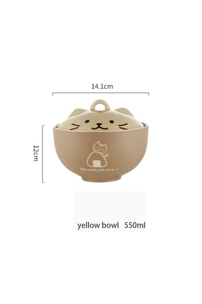 Choice وعاء معكرونة فورية خزفي أصفر 550 مل على شكل قطة كرتونية مع غطاء تحت ال...