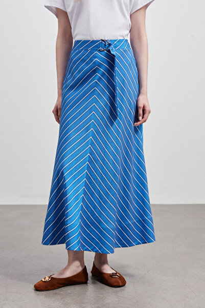 Shn KUŞAK DETAYLI ÇİZGİLİ ETEK