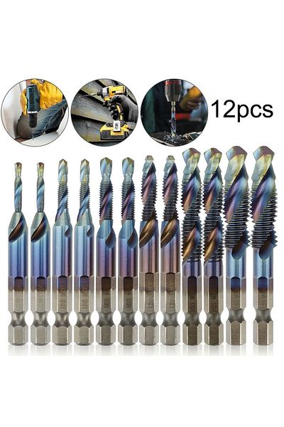 Choice 12PC 1/4In HSS Hex Shank Titanium Plated Screw Thread Drill Bits Set M3-M10 For Iron Metal Wood P...