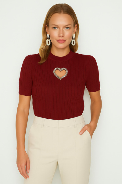 Elysira Γυναικείο T-Shirt με λαιμόκοψη με καρδιά με κεντητό κομψό πλεκτό