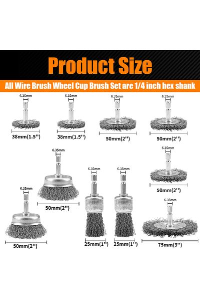 SI FANG 10pcs 10pcs /Set Wire Drill Brush Mini Wire Cup Wheel Brush 1/4" Hex Shank Wire Brush Polishing Tool