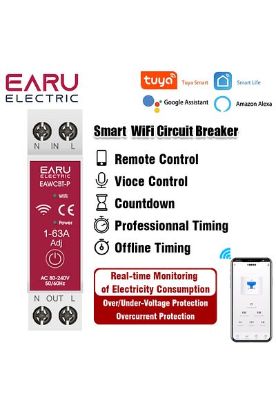 EARUELETRIC VA Protect 1-63A Tuya WiFi Smart Circuit Breaker EAWCBT-P MCB Timer 1P+N 63A Power Energy Voltage C