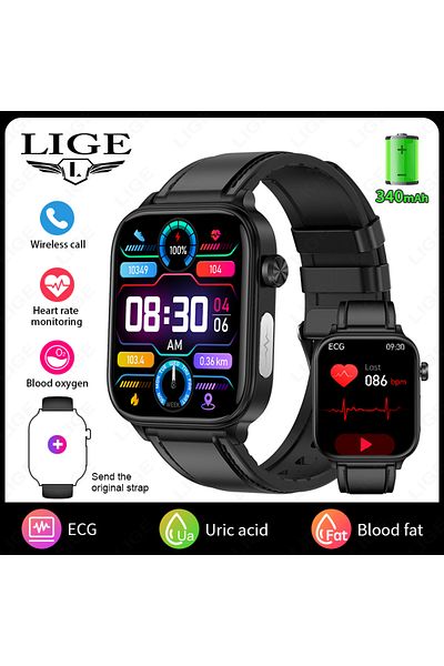 Choice black leather LIGE 2025 New ECG+PPG Smart Watch Men Blood Lipid Uric Acid Health Monitor Bluetooth C
