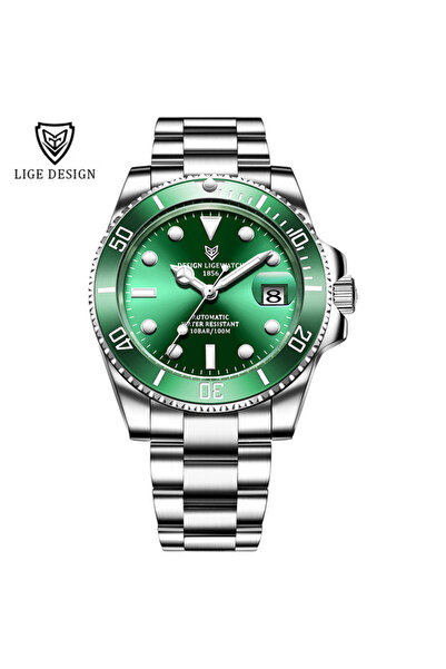 Choice ساعة LIGE الكلاسيكية للرجال ميكانيكية باللون الفضي والأخضر بإطار سيراميك فاخر أوتوماتيكية مع ياقوت أزرق