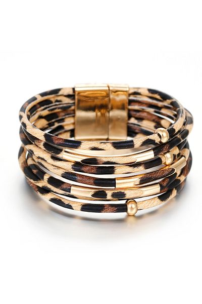 Choice Leopard ALLYES Vintage Metal Tube Leopard Leather Bracelet for Women Men Boho Multilayer Wrap Wide B
