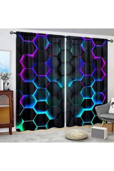 Choice 132cmX160cmX2pcs 2pcs Futurism Hexagonal Art Printed Curtain for Home Decor - Rod Pocket Window Trea