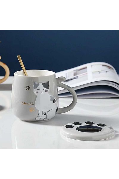 PUFO Sweet Kitty ceramic mug with lid and spoon for coffee or tea, 300 ml, gray