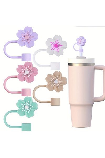 Choice 5Pcs cherry blossom 5PCS Hat Straw Covers for Stanley Cups cherry blossom Accessories Cute Silicone