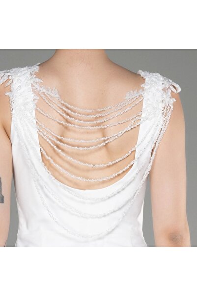 Selence Sırtı boncuk detay kısa abiye elbise beyaz