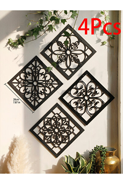 Choice1 TK-MS6583 4 قطع ديكور حائط خشبي أسود مجوف بتصميمات منحوتة، ديكور منزل...