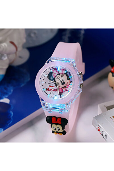 Choice ساعة يد ميني للأطفال من السيليكون بمصدر ضوء ملون وردية اللون بتصميم ميكي ثلاثي الأبعاد، كوارتز للسيدات