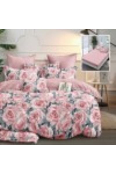 Pucioasa Lenjerie de pat din finet cu elastic, cearceaf pilota 200x220cm, 6 piese, trandafiri roz
