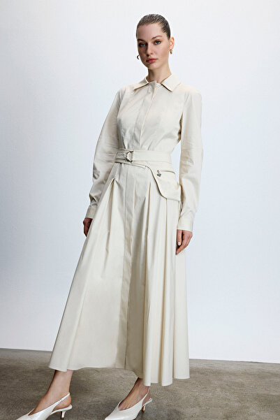 MERCI MS FANCY Gömlek Yaka Bel Kuşaklı Midi Elbise