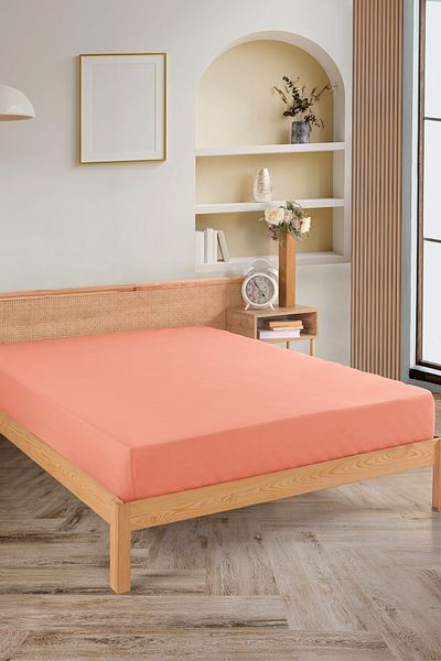 Karden Flower Premium 100% Cotton Double Combed Cotton Elastic Sheet - Salmon