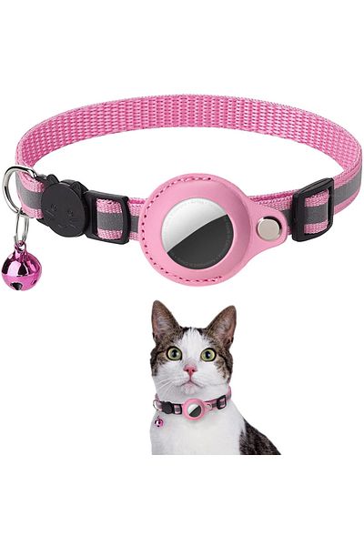 Choice Adjustable 22-32cm Pink Cat AirTag Holder Collar Breakaway Reflective Strips Adjustable Kitten Colla