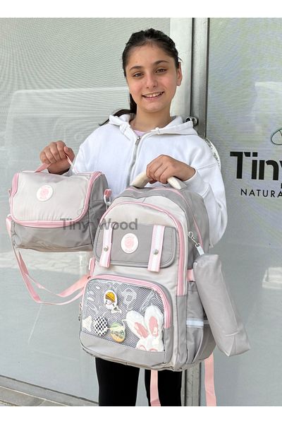 tiny wood Kawaii Korean Style School Backpack with Accessories and Ergonomic Black-Beige-Grey |   Nutrition, Pen Holder Set