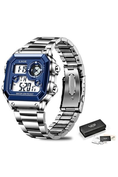 Choice ساعة LIGE 2023 الجديدة للرجال باللون الفضي والأزرق، ساعات عسكرية رقمية...
