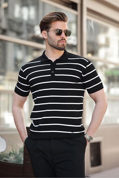 Madmext Black Striped Polo Neck Men's T-Shirt E7405