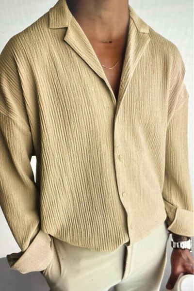 NO 601 Ανδρικό πουκάμισο μπεζ Oversize Twist υφασμάτινο