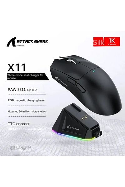 Choice ماوس X11 اللاسلكي بتقنية البلوتوث من Attack Shark باللون الأسود، متوفر بثلاثة أوضاع RGB وقاعدة شحن مغناطيسية