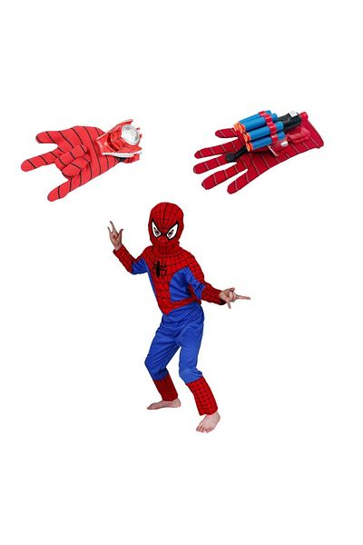 KidMania Classic Spiderman Costume Set And Two Launchers With Discs And Sponge Suction Cups For Children 3-5 Years 95-110 Cm